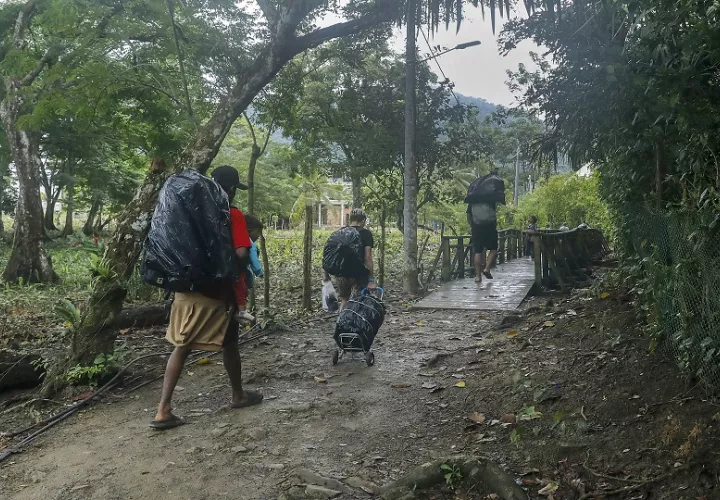 Migrantes en medio de la selva colombiana. Foto: EFE