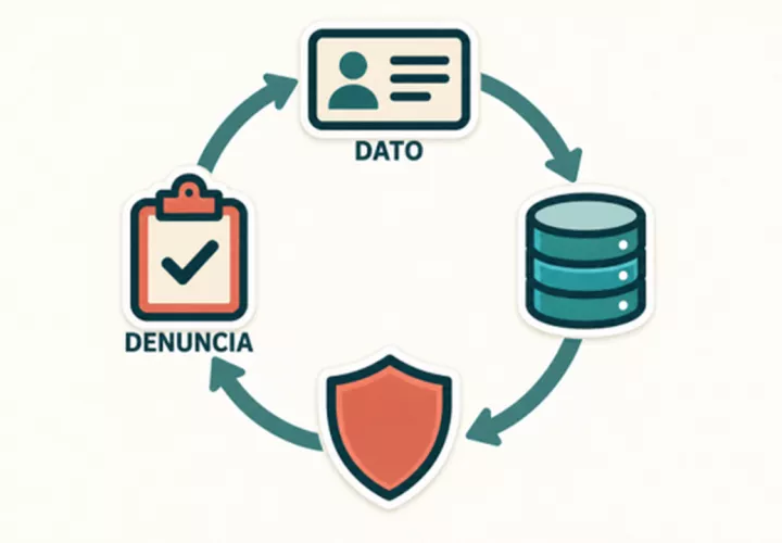 Cuatro iconos en bucle circular: cédula, base de datos, escudo y formulario de denuncia 