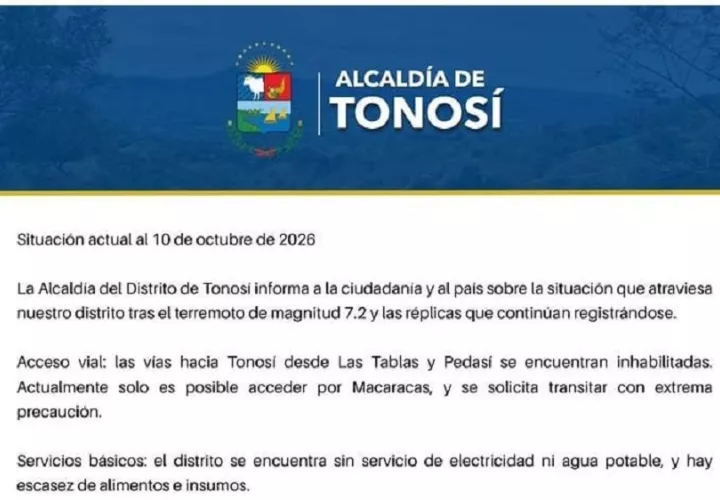 Comunicado de la alcaldía de Tonosí divulgado en redes sociales. Imagen: Redes Sociales
