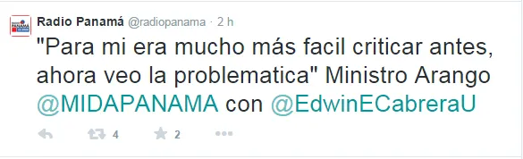El tuit de Radio Panamá durante la entrevista al ministro Arango,