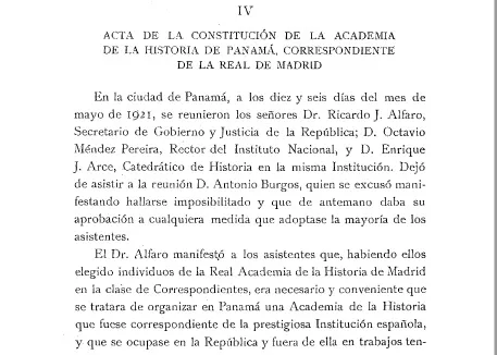 Acta de constitución de la Academia de Historia de Panamá.
